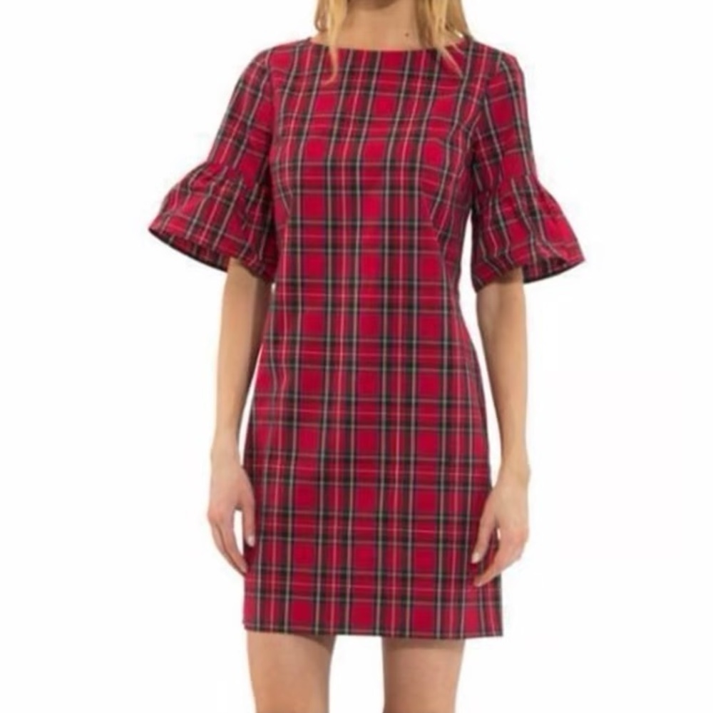 Sail to Sable Festive Plaid Bell Sleeve Shift Dress size small